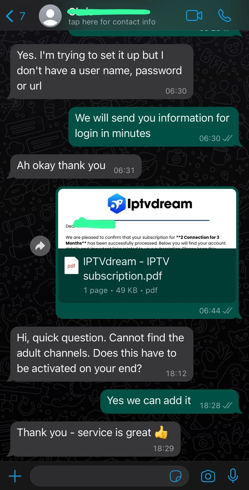 Screenshot: Customer Raves About IPTV Dream Service on WhatsApp