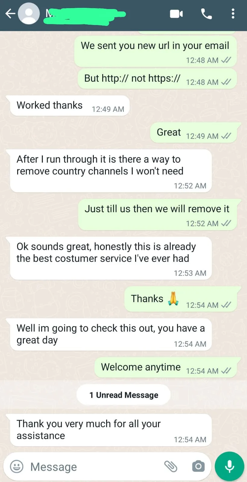 Screenshot: Excited Customer Talks About IPTV Canada Service on WhatsApp