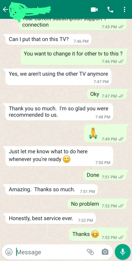 Screenshot of WhatsApp Chat: Customer Glowing About IPTV Canadian Service